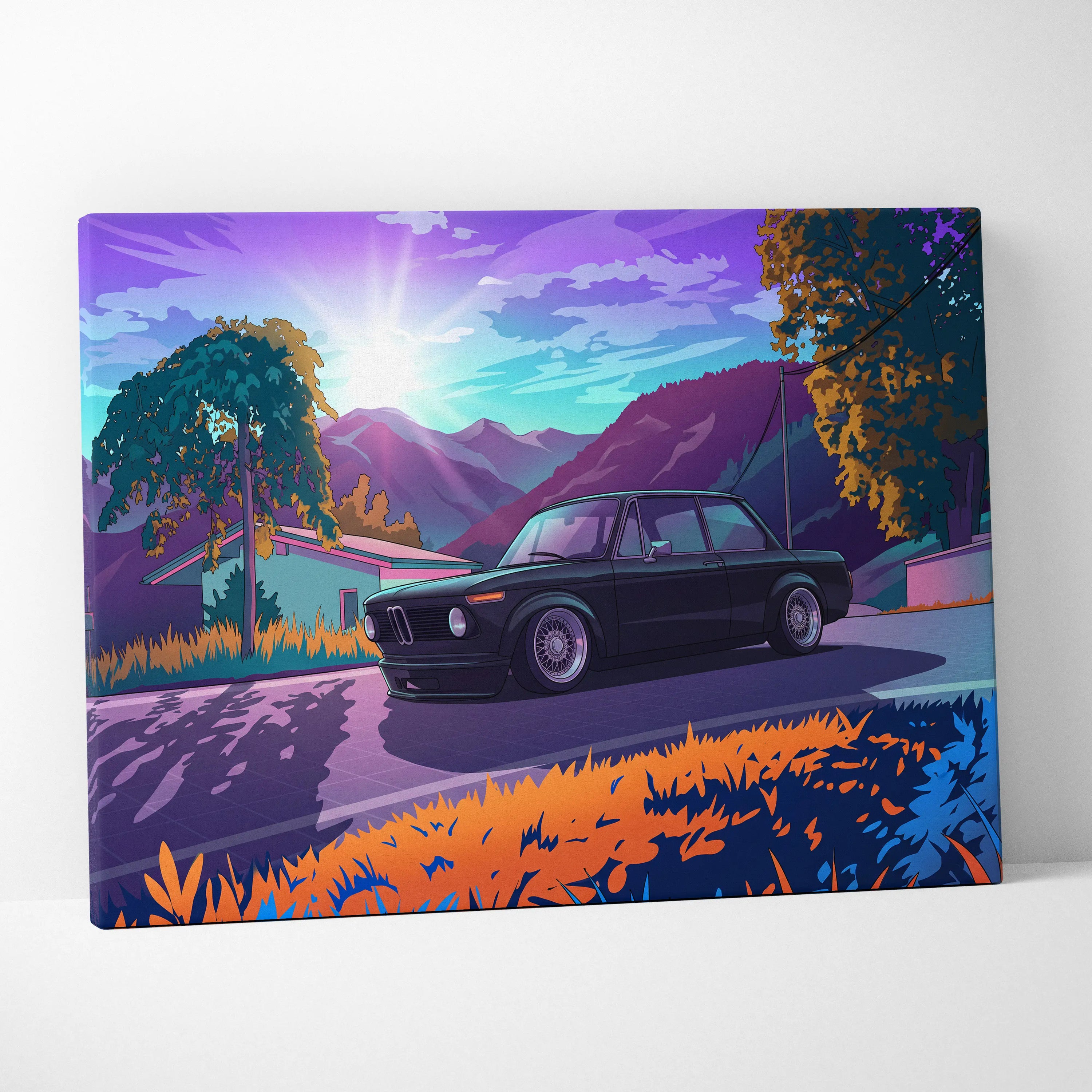 BMW 2002 Inspired Black Orange Canvas Wall Art Vaporwave Classic Sports Sedan Artwork Mountain Road Garage Decor Retro Futuristic Sunset Print