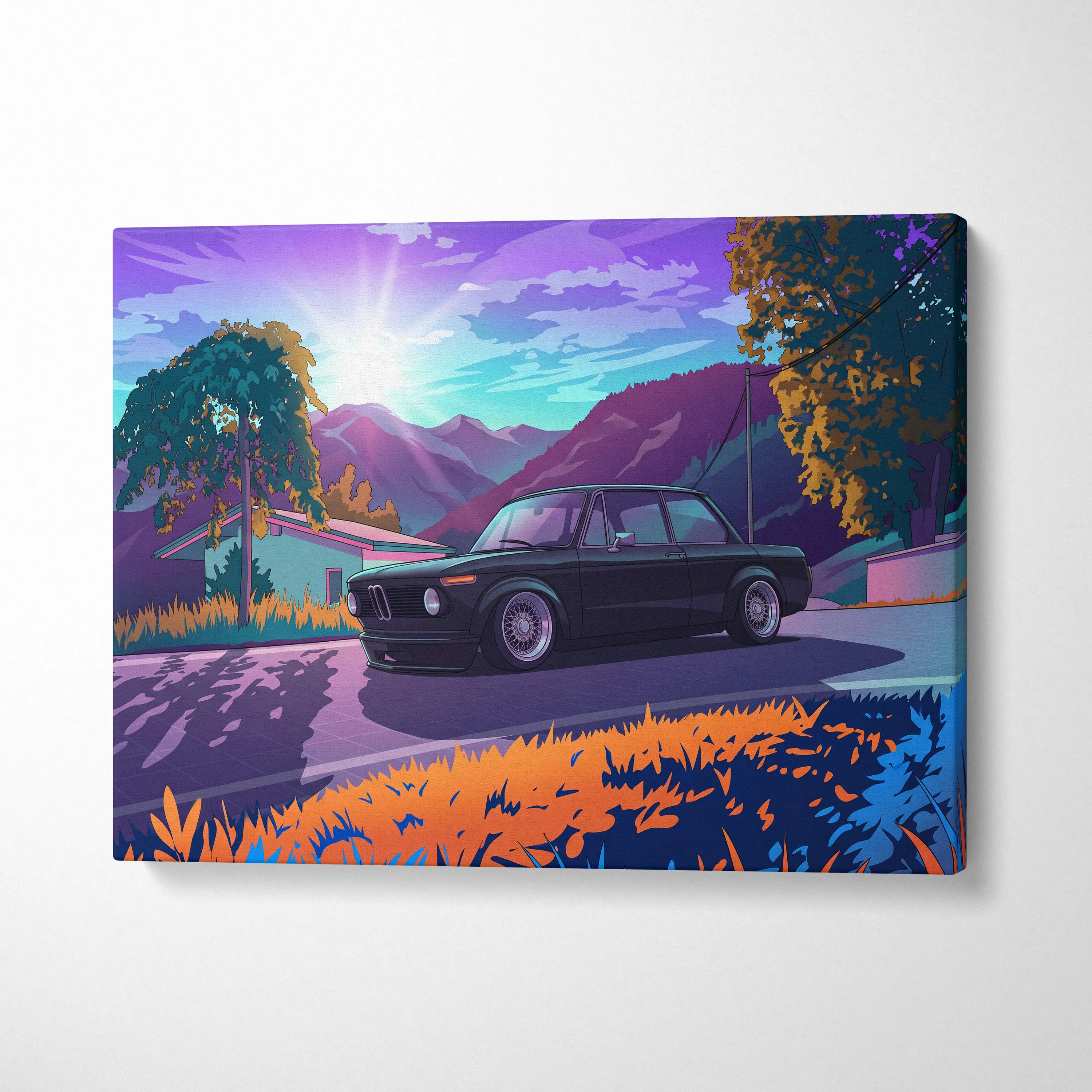 BMW 2002 Inspired Black Orange Canvas Wall Art Vaporwave Classic Sports Sedan Artwork Mountain Road Garage Decor Retro Futuristic Sunset Print