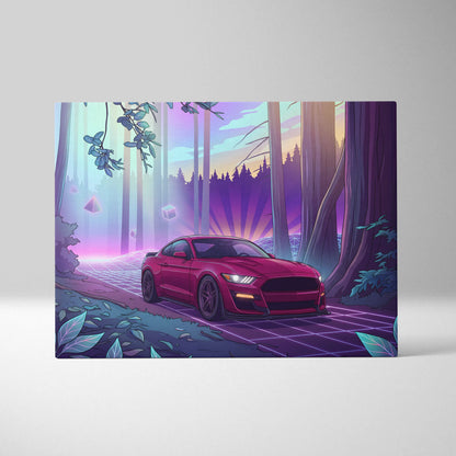Ford Mustang Shelby GT500 Inspired Red Purple Canvas Wall Art Vaporwave Muscle Car Artwork Neon Forest Garage Decor Retro Futuristic Sunset Print