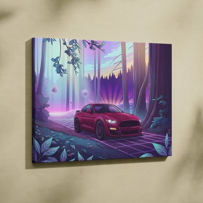 Ford Mustang Shelby GT500 Inspired Red Purple Canvas Wall Art Vaporwave Muscle Car Artwork Neon Forest Garage Decor Retro Futuristic Sunset Print