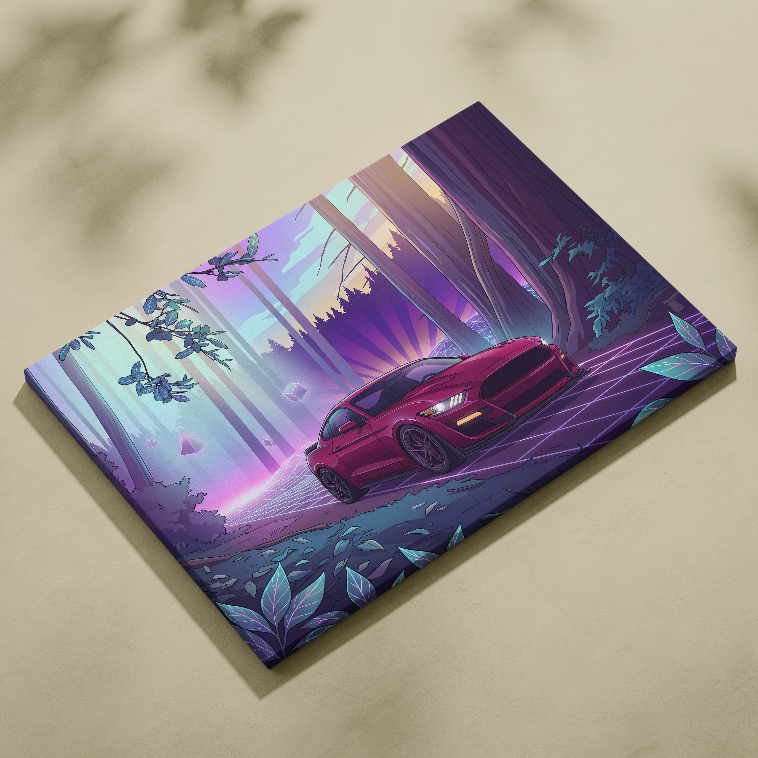 Ford Mustang Shelby GT500 Inspired Red Purple Canvas Wall Art Vaporwave Muscle Car Artwork Neon Forest Garage Decor Retro Futuristic Sunset Print