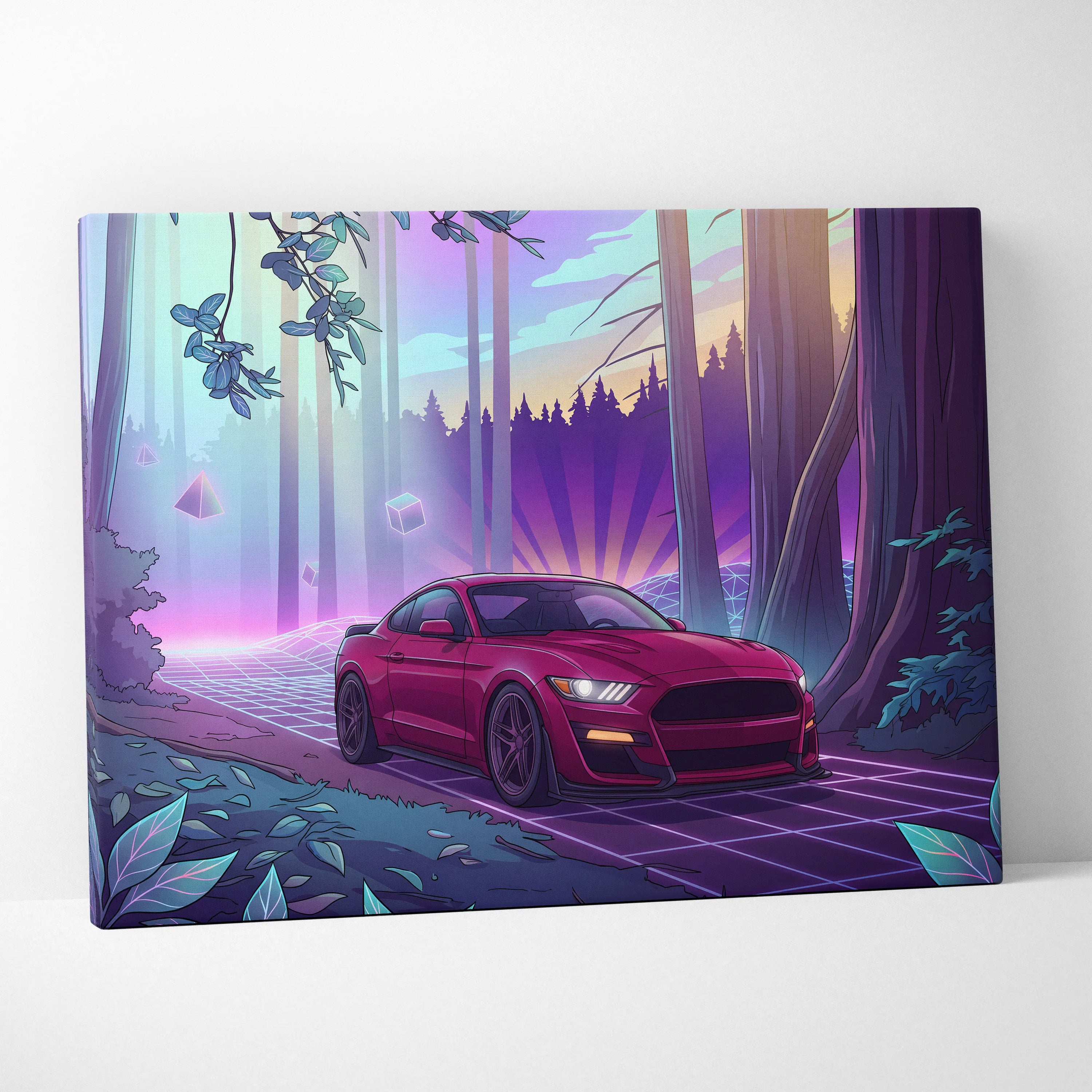 Ford Mustang Shelby GT500 Inspired Red Purple Canvas Wall Art Vaporwave Muscle Car Artwork Neon Forest Garage Decor Retro Futuristic Sunset Print