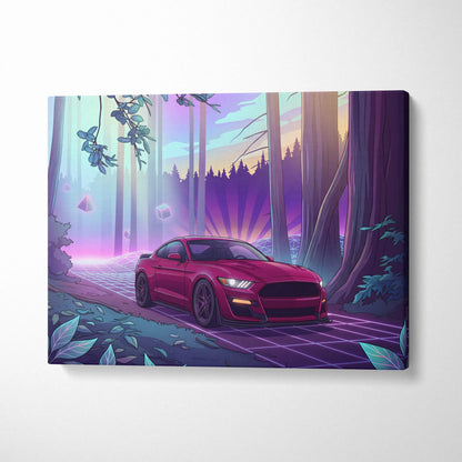 Ford Mustang Shelby GT500 Inspired Red Purple Canvas Wall Art Vaporwave Muscle Car Artwork Neon Forest Garage Decor Retro Futuristic Sunset Print