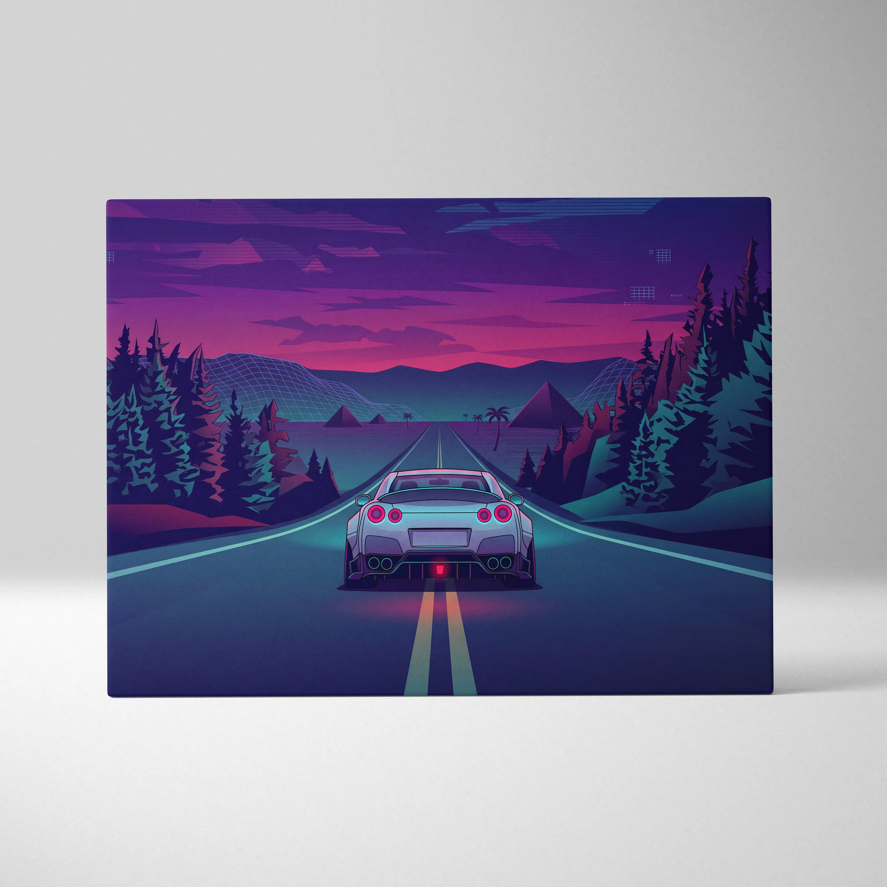 Nissan GT-R R35 Inspired Silver Purple Canvas Wall Art, Neon Vaporwave JDM Supercar Artwork for Moody Mountain Road Decor