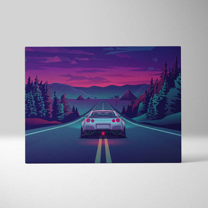 Nissan GT-R R35 Inspired Silver Purple Canvas Wall Art, Neon Vaporwave JDM Supercar Artwork for Moody Mountain Road Decor
