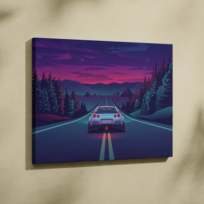 Nissan GT-R R35 Inspired Silver Purple Canvas Wall Art, Neon Vaporwave JDM Supercar Artwork for Moody Mountain Road Decor