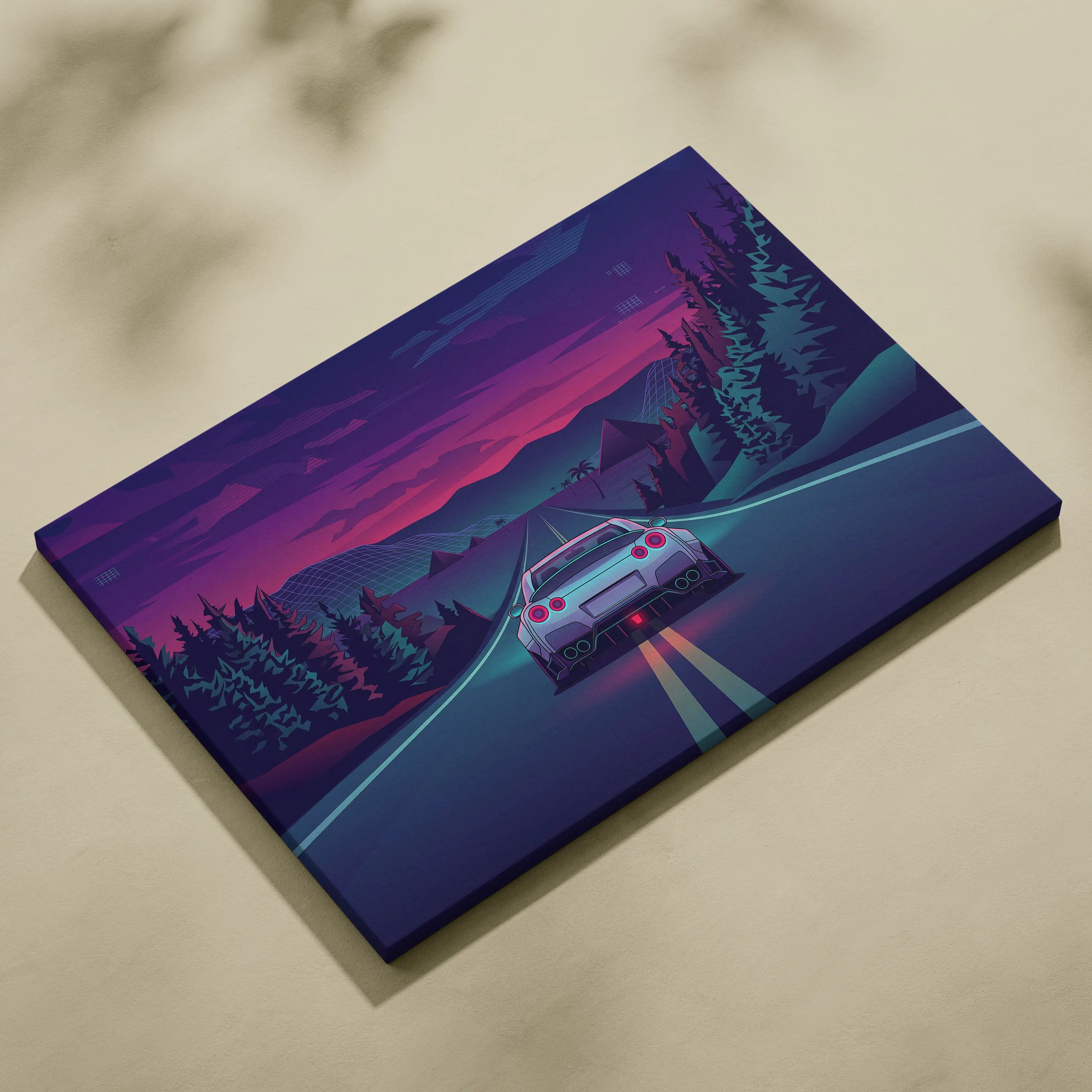 Nissan GT-R R35 Inspired Silver Purple Canvas Wall Art, Neon Vaporwave JDM Supercar Artwork for Moody Mountain Road Decor