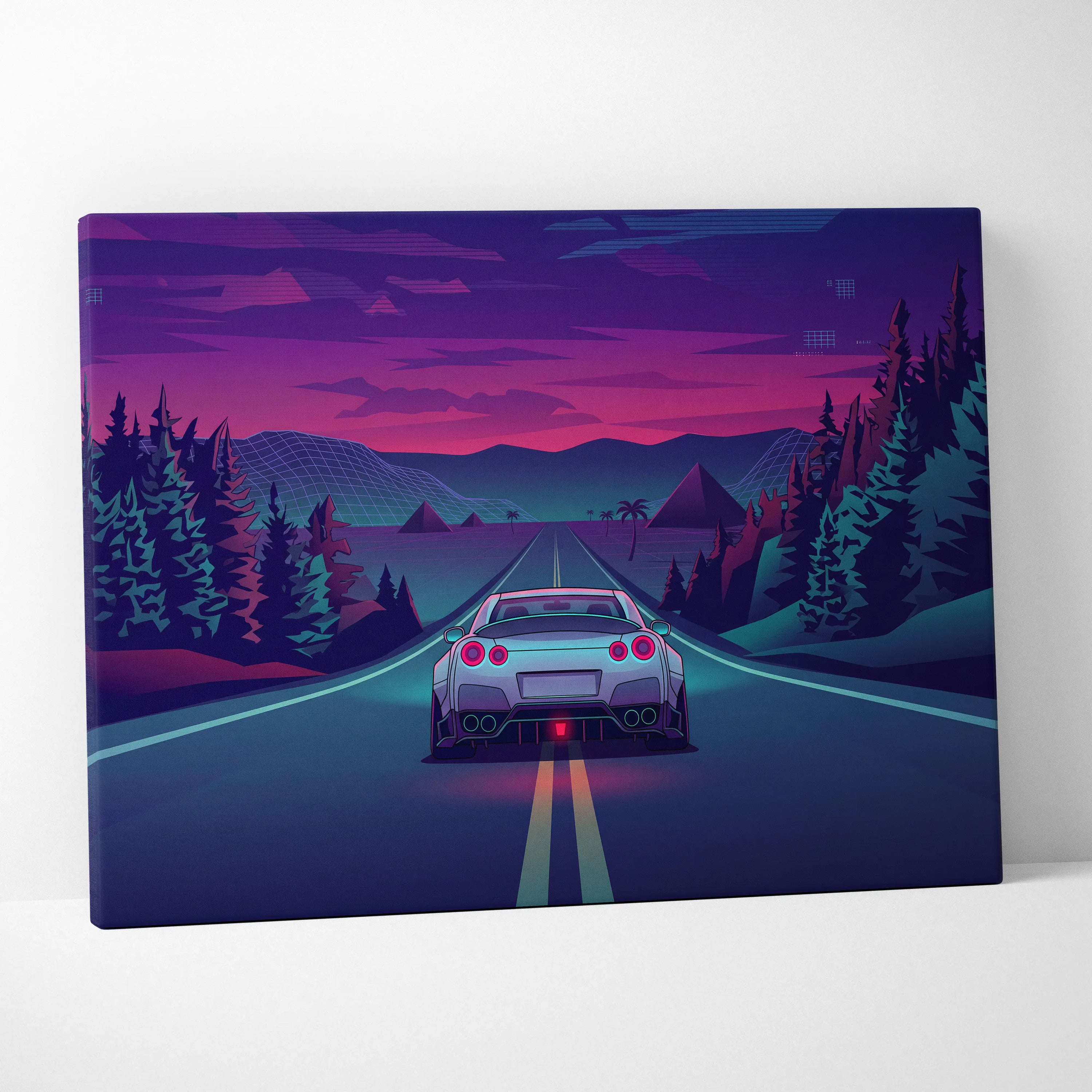 Nissan GT-R R35 Inspired Silver Purple Canvas Wall Art, Neon Vaporwave JDM Supercar Artwork for Moody Mountain Road Decor
