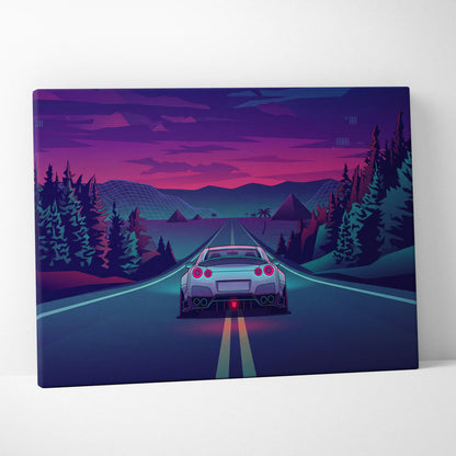 Nissan GT-R R35 Inspired Silver Purple Canvas Wall Art, Neon Vaporwave JDM Supercar Artwork for Moody Mountain Road Decor