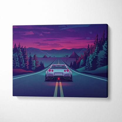 Nissan GT-R R35 Inspired Silver Purple Canvas Wall Art, Neon Vaporwave JDM Supercar Artwork for Moody Mountain Road Decor
