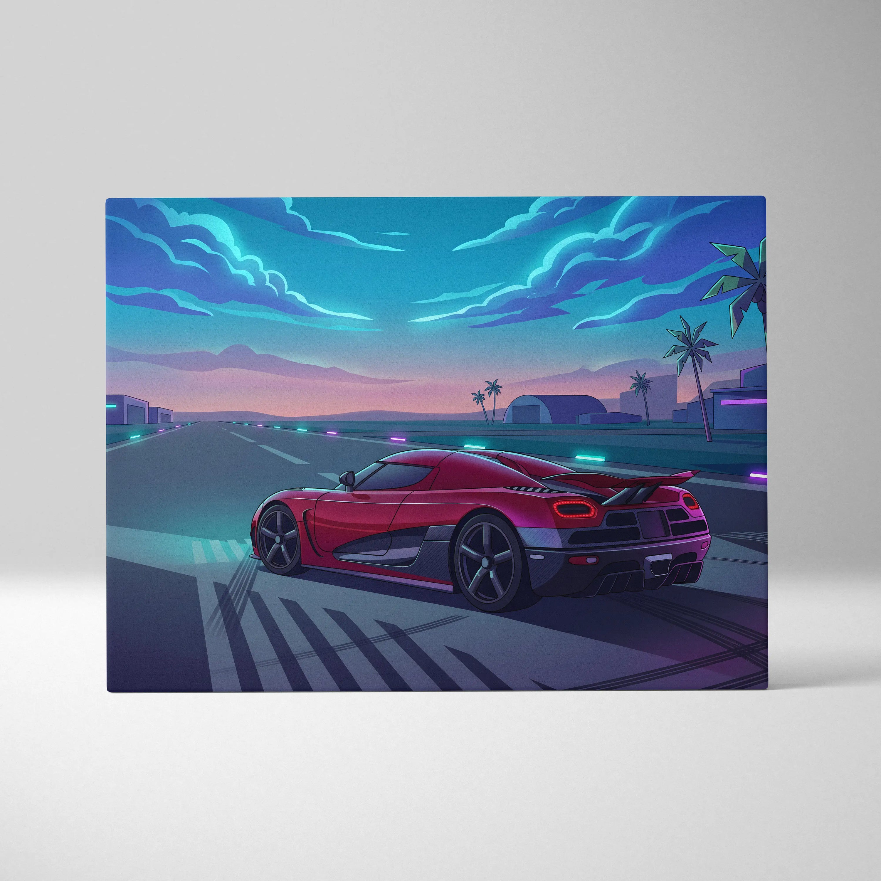 Koenigsegg Agera Inspired Red Blue Canvas Wall Art, Vaporwave Hypercar Artwork, Neon Runway Garage Decor, Retro Futuristic Exotic Print