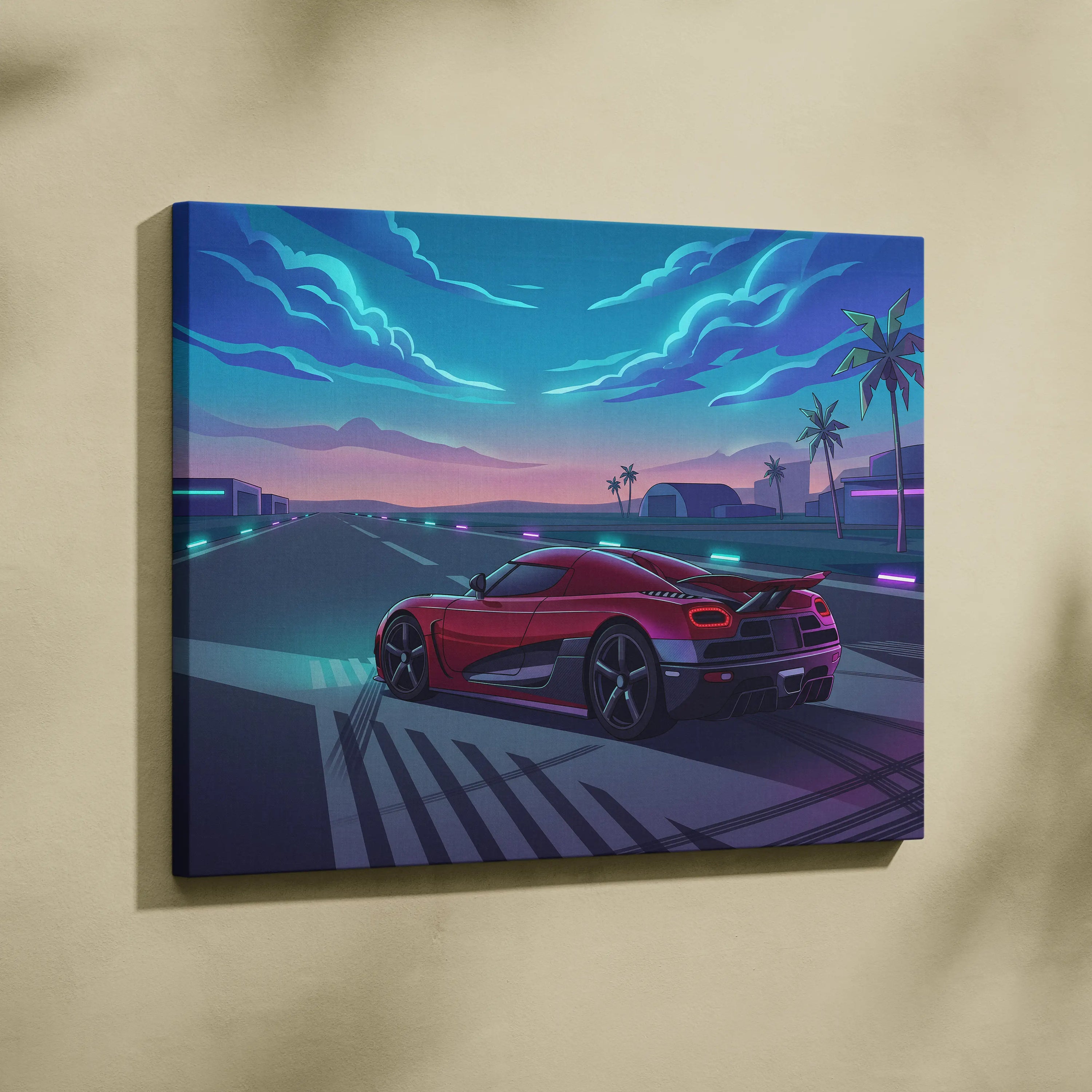 Koenigsegg Agera Inspired Red Blue Canvas Wall Art, Vaporwave Hypercar Artwork, Neon Runway Garage Decor, Retro Futuristic Exotic Print