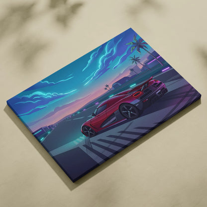 Koenigsegg Agera Inspired Red Blue Canvas Wall Art, Vaporwave Hypercar Artwork, Neon Runway Garage Decor, Retro Futuristic Exotic Print