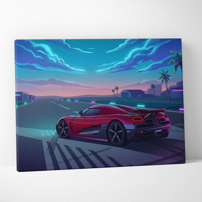 Koenigsegg Agera Inspired Red Blue Canvas Wall Art, Vaporwave Hypercar Artwork, Neon Runway Garage Decor, Retro Futuristic Exotic Print