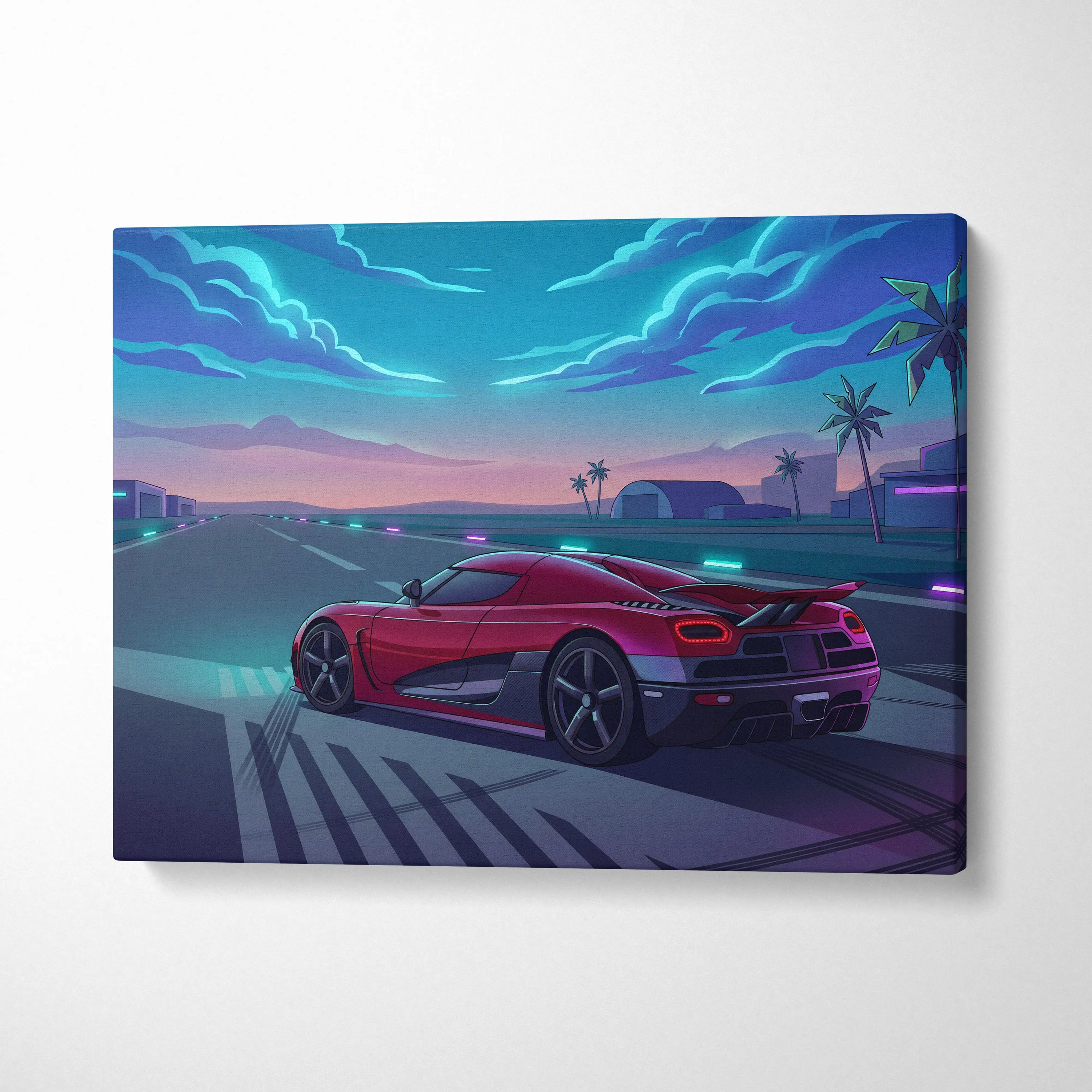 Koenigsegg Agera Inspired Red Blue Canvas Wall Art, Vaporwave Hypercar Artwork, Neon Runway Garage Decor, Retro Futuristic Exotic Print