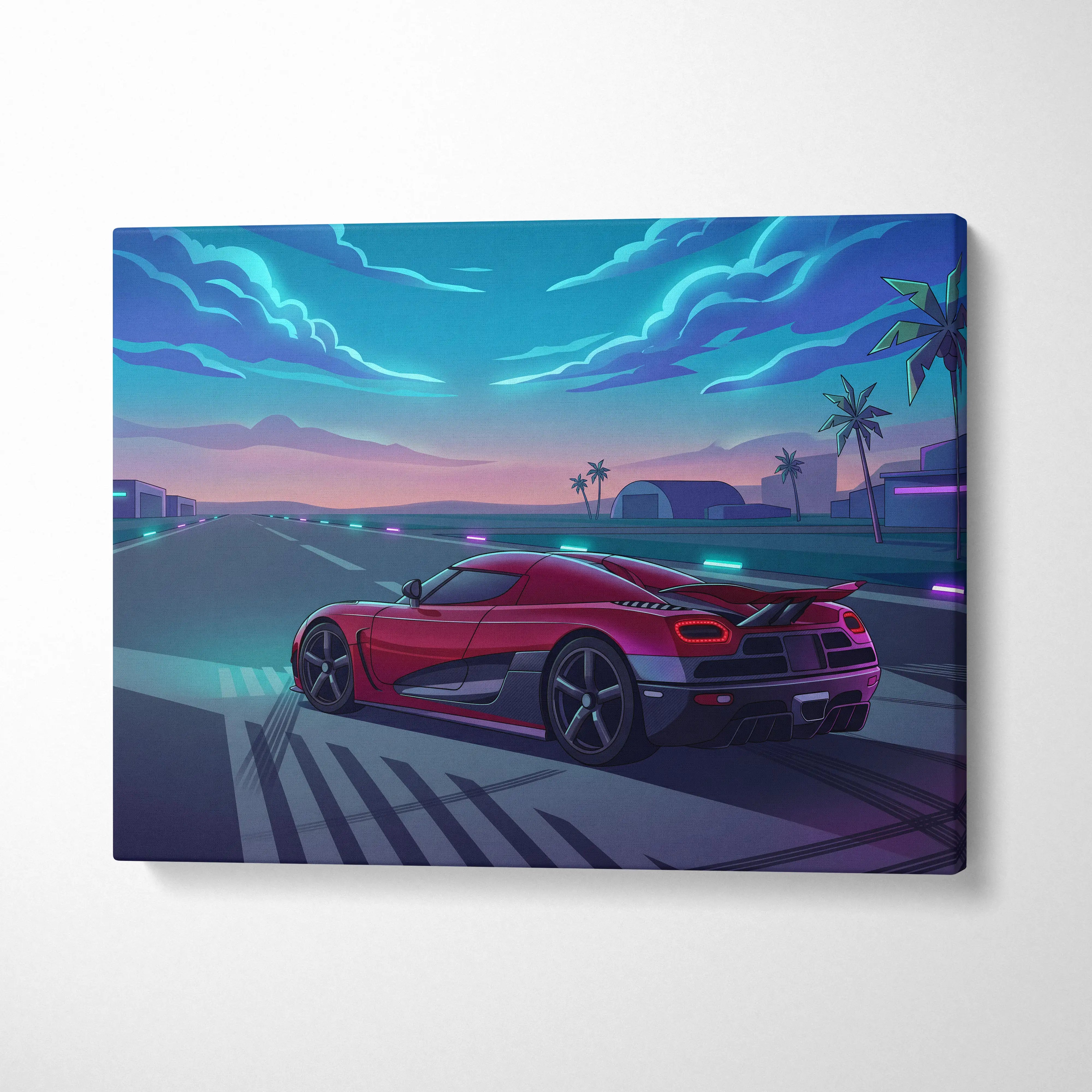 Red koenigsegg hypercar digital artwork on canvas wall art with neon vaporwave style for retro futuristic decor