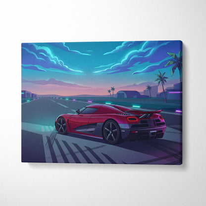 Koenigsegg Agera Inspired Red Blue Canvas Wall Art, Vaporwave Hypercar Artwork, Neon Runway Garage Decor, Retro Futuristic Exotic Print