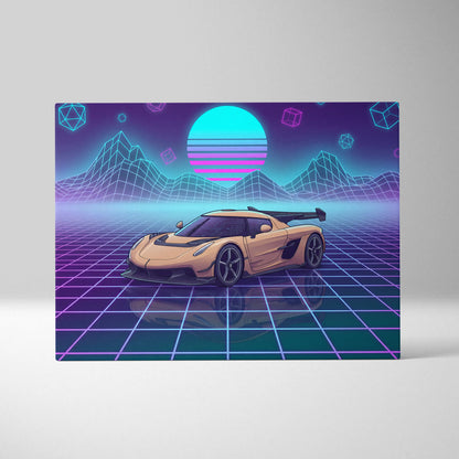 Koenigsegg Jesko Inspired Gold Purple Canvas Wall Art, Vaporwave Hypercar Artwork, Neon Grid Garage Decor, Retro Futuristic Exotic Car Print
