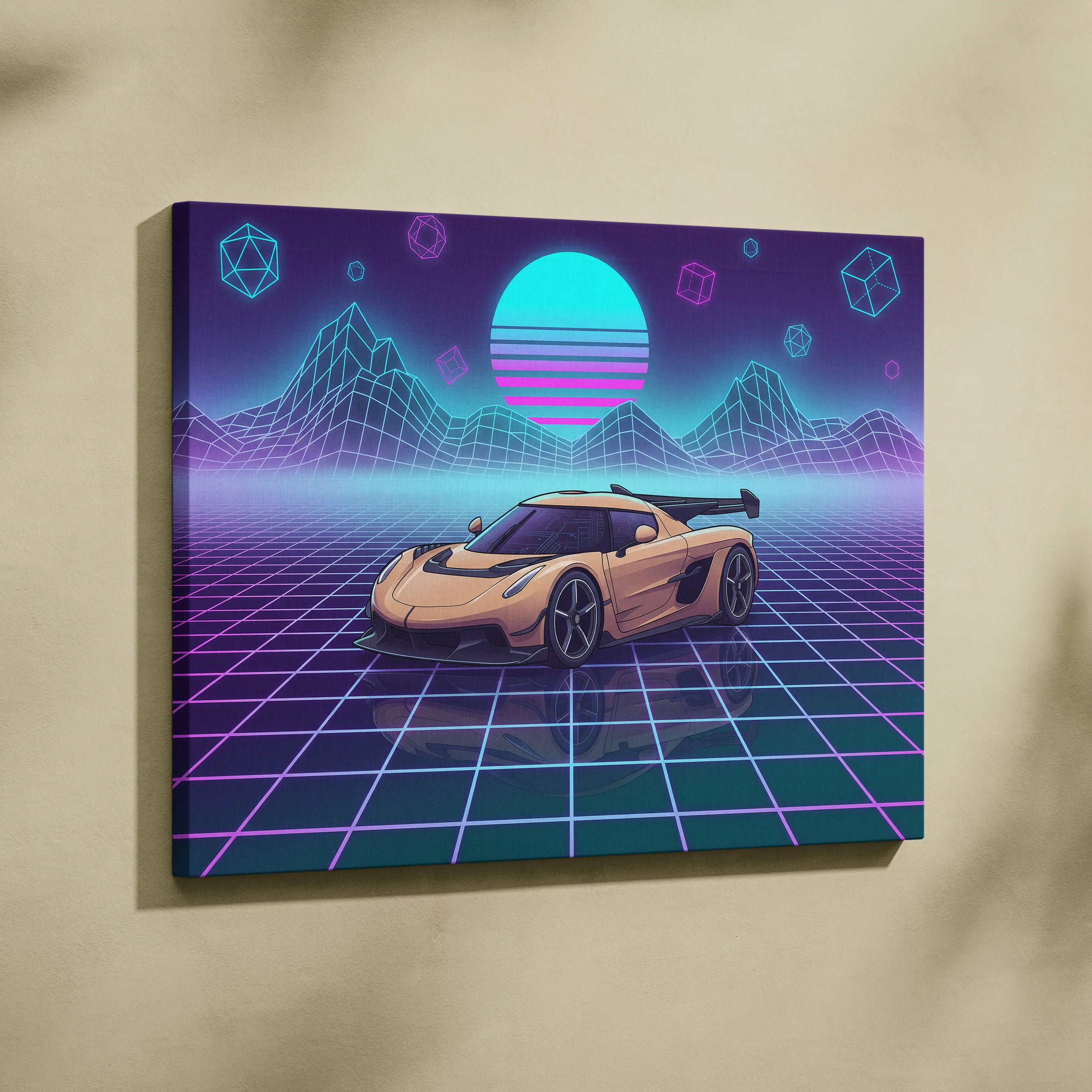 Koenigsegg Jesko Inspired Gold Purple Canvas Wall Art, Vaporwave Hypercar Artwork, Neon Grid Garage Decor, Retro Futuristic Exotic Car Print