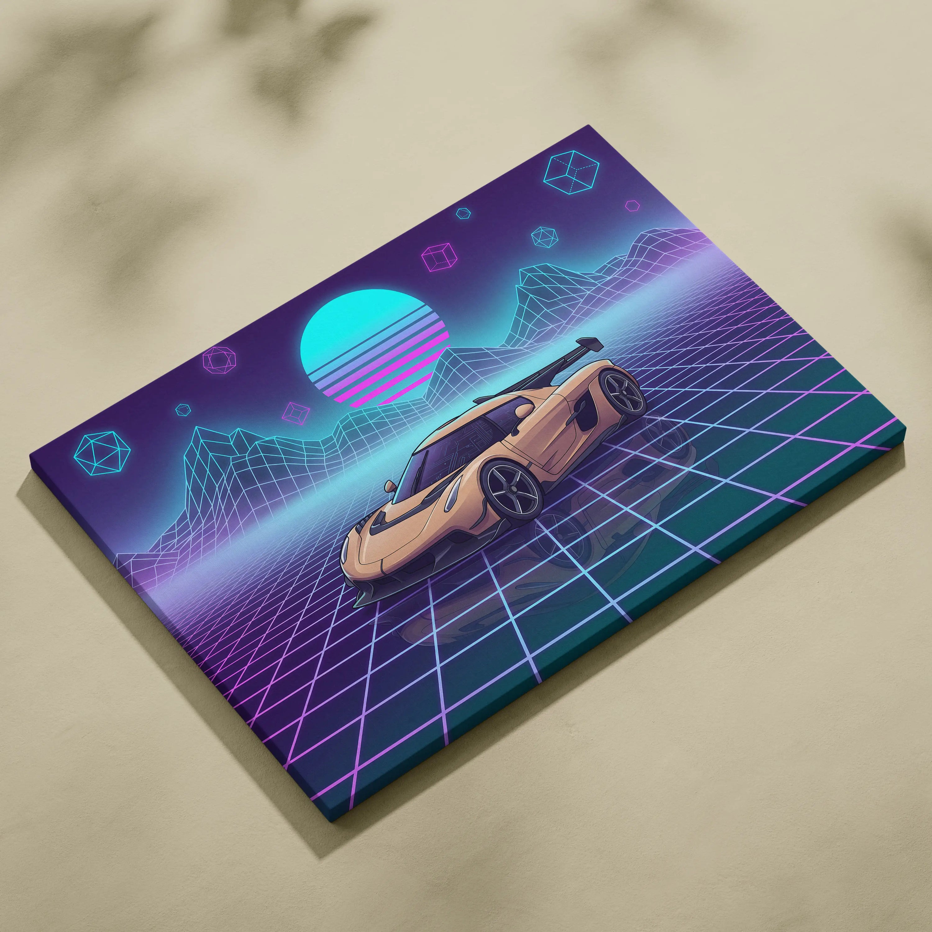 Koenigsegg Jesko Inspired Gold Purple Canvas Wall Art, Vaporwave Hypercar Artwork, Neon Grid Garage Decor, Retro Futuristic Exotic Car Print