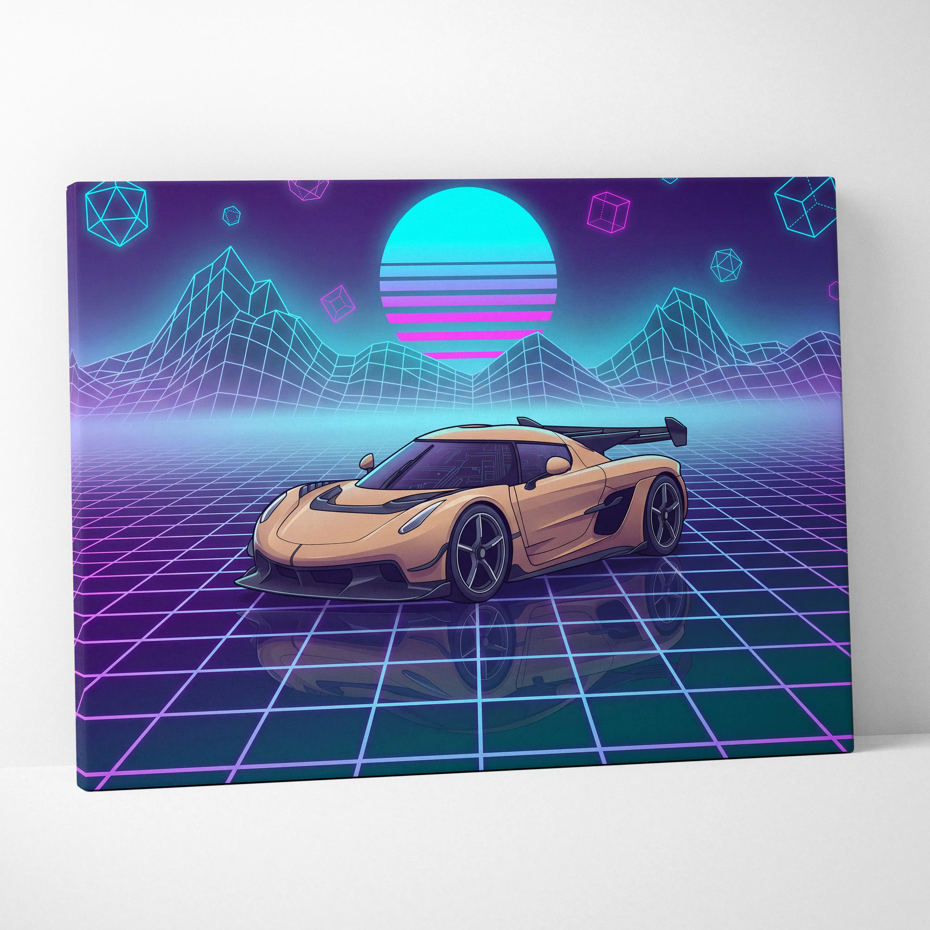 Koenigsegg Jesko Inspired Gold Purple Canvas Wall Art, Vaporwave Hypercar Artwork, Neon Grid Garage Decor, Retro Futuristic Exotic Car Print