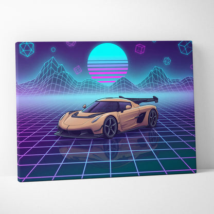 Koenigsegg Jesko Inspired Gold Purple Canvas Wall Art, Vaporwave Hypercar Artwork, Neon Grid Garage Decor, Retro Futuristic Exotic Car Print