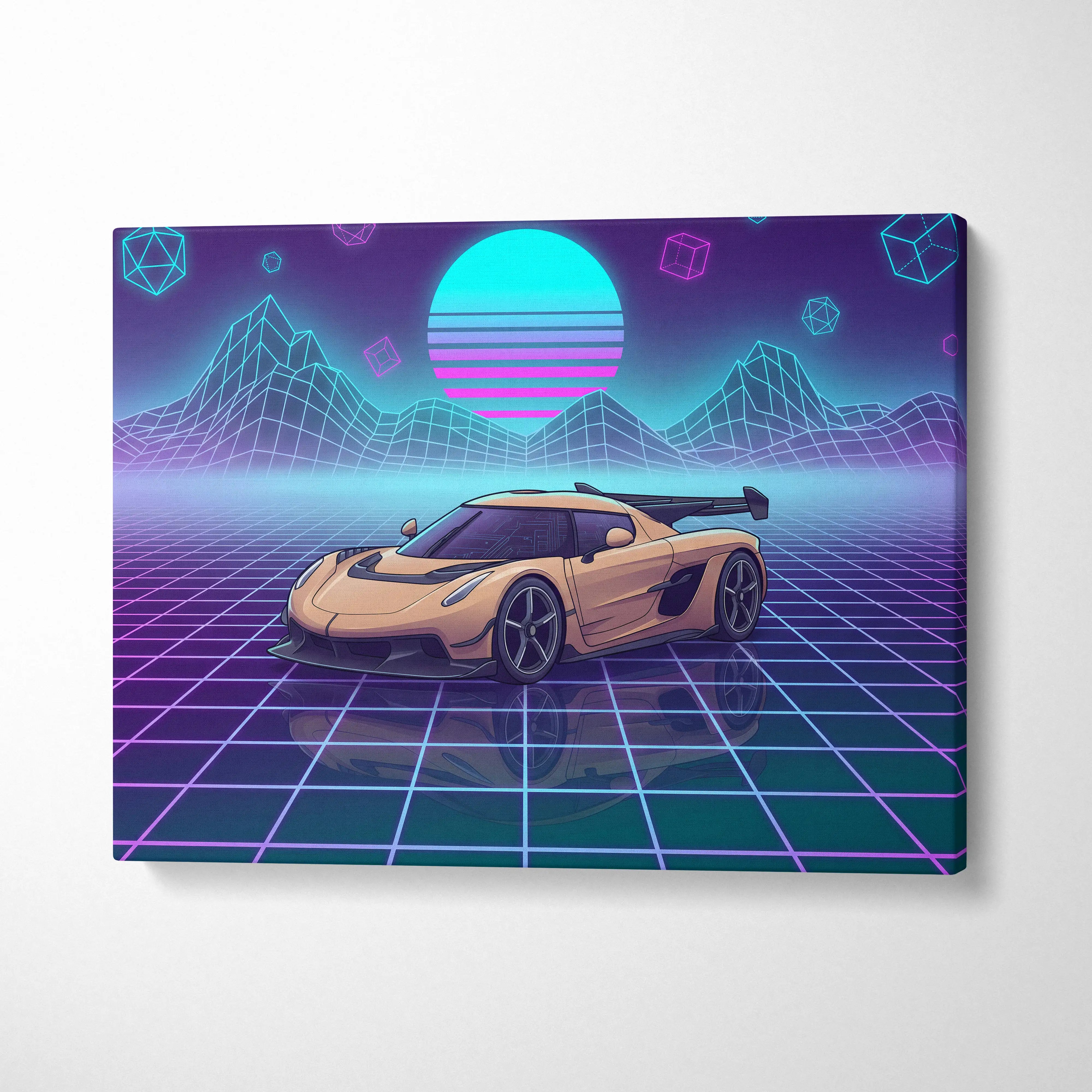 Koenigsegg jesko inspired gold and purple hypercar canvas wall art in retro futuristic vaporwave style