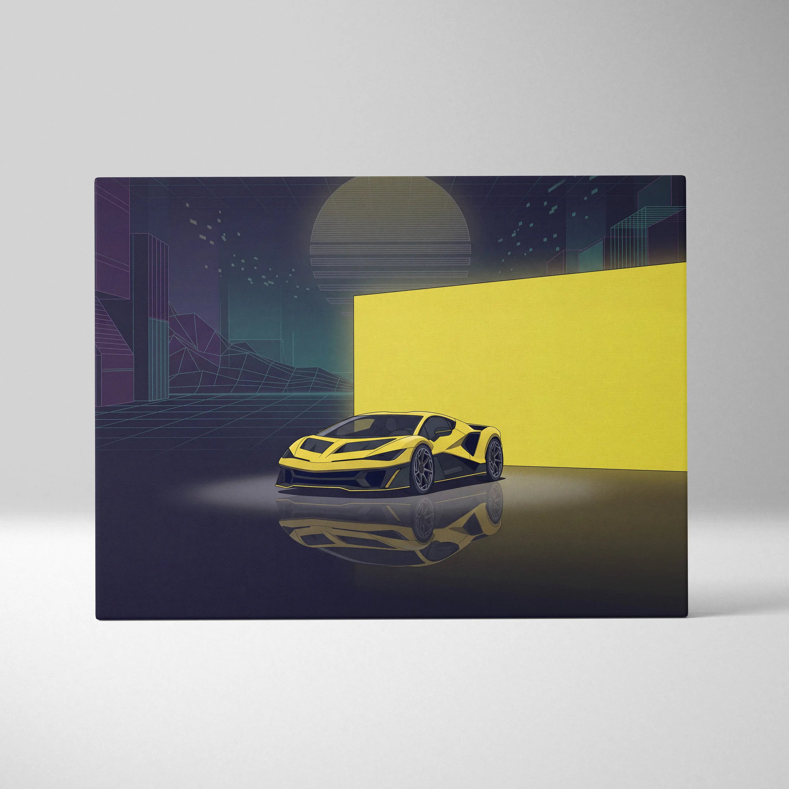 Hennessey Venom F5 Inspired Yellow Purple Canvas Wall Art, Vaporwave Supercar Artwork, Neon City Garage Decor, Retro Futuristic Exotic Print