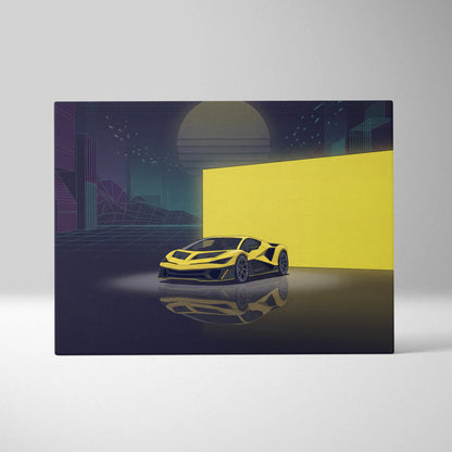Hennessey Venom F5 Inspired Yellow Purple Canvas Wall Art, Vaporwave Supercar Artwork, Neon City Garage Decor, Retro Futuristic Exotic Print