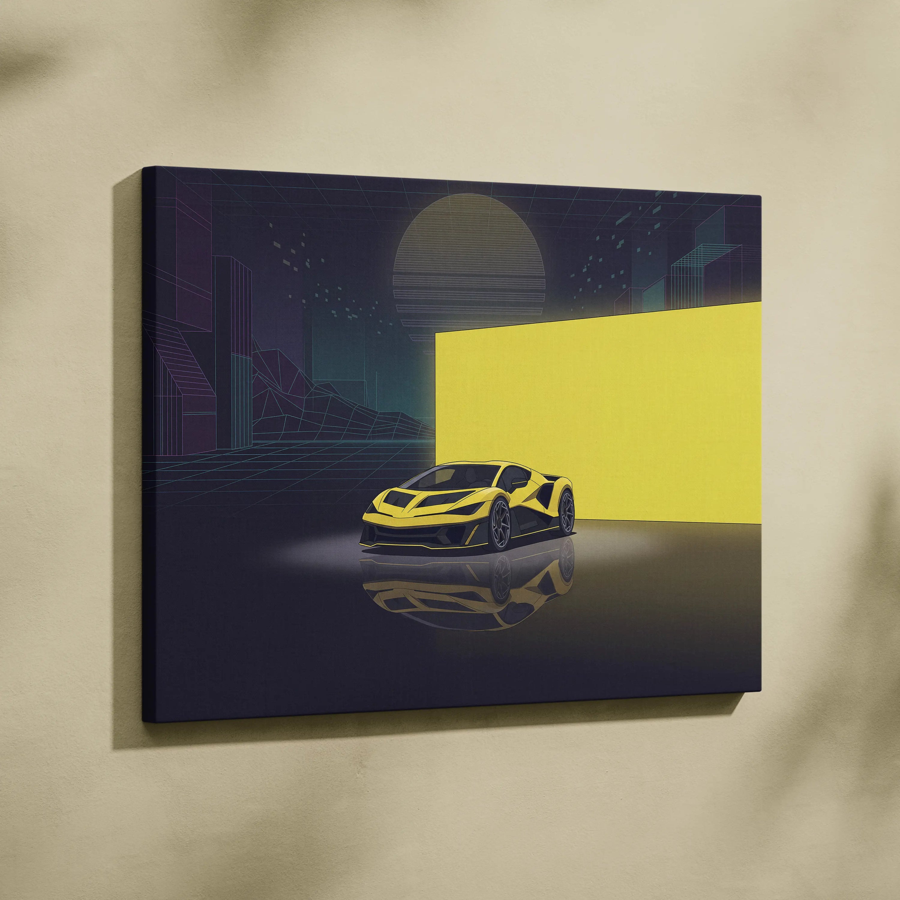 Hennessey Venom F5 Inspired Yellow Purple Canvas Wall Art, Vaporwave Supercar Artwork, Neon City Garage Decor, Retro Futuristic Exotic Print