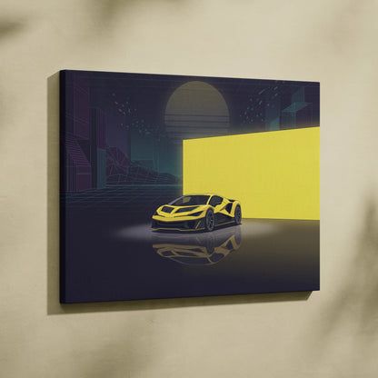 Hennessey Venom F5 Inspired Yellow Purple Canvas Wall Art, Vaporwave Supercar Artwork, Neon City Garage Decor, Retro Futuristic Exotic Print