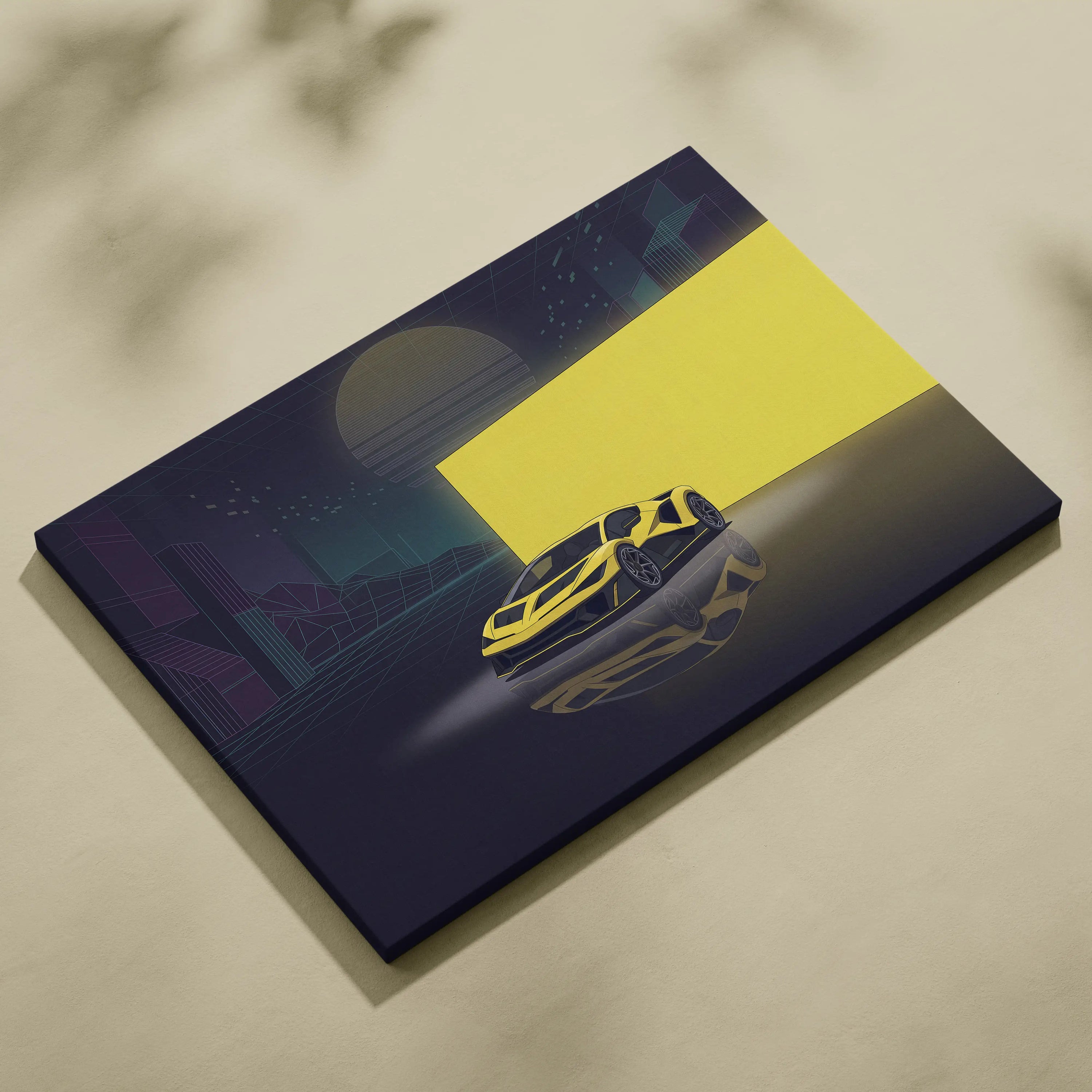 Hennessey Venom F5 Inspired Yellow Purple Canvas Wall Art, Vaporwave Supercar Artwork, Neon City Garage Decor, Retro Futuristic Exotic Print