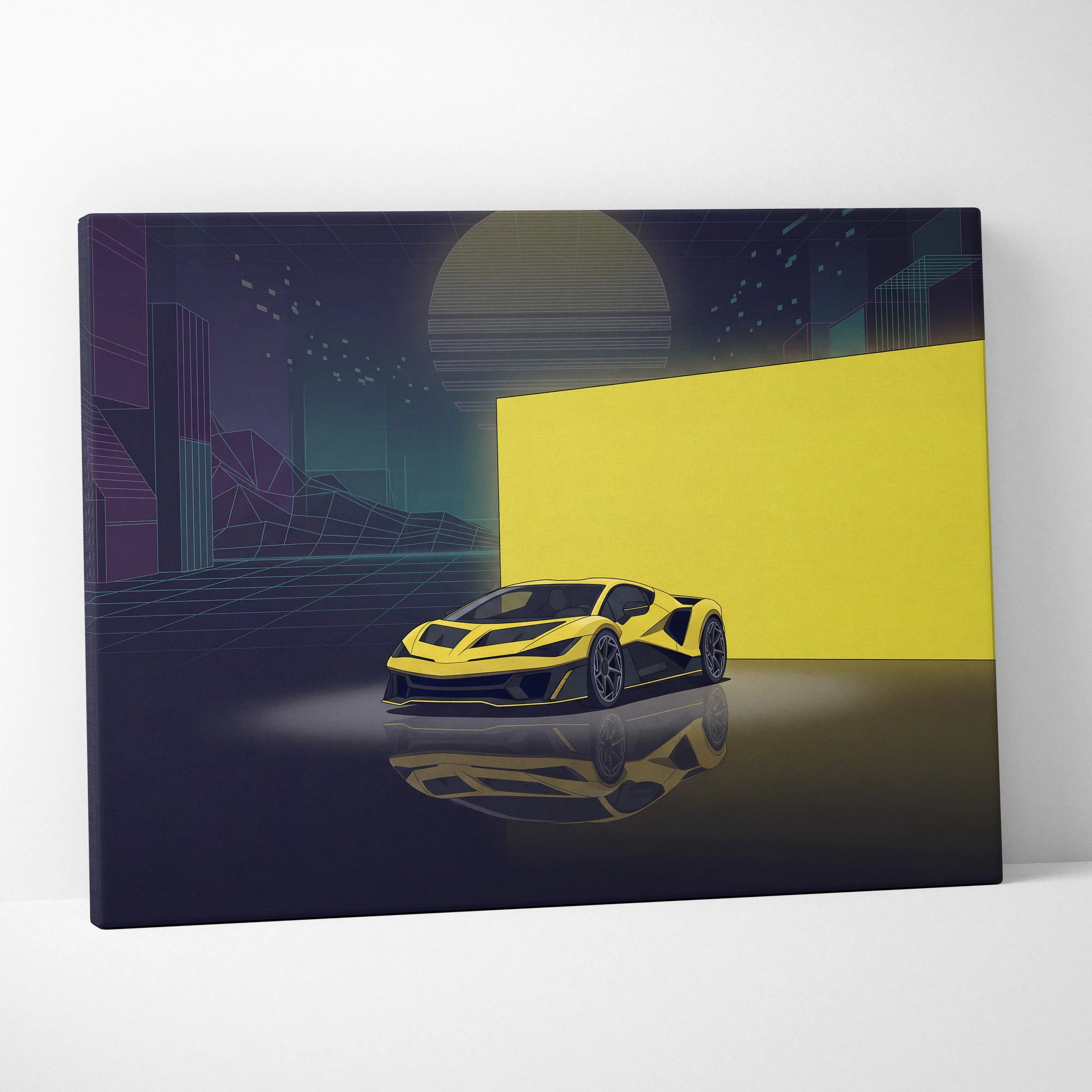 Hennessey Venom F5 Inspired Yellow Purple Canvas Wall Art, Vaporwave Supercar Artwork, Neon City Garage Decor, Retro Futuristic Exotic Print