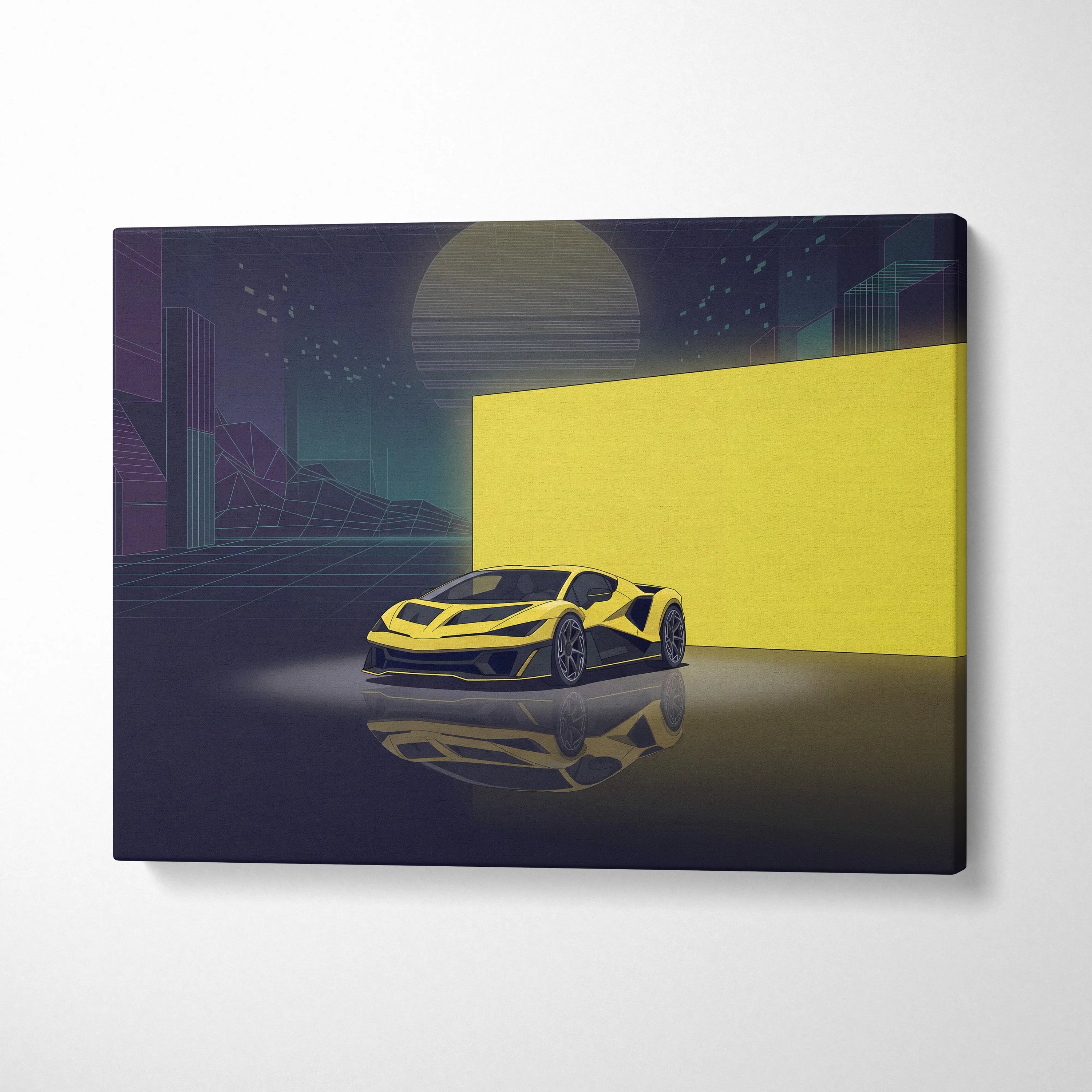 Hennessey Venom F5 Inspired Yellow Purple Canvas Wall Art, Vaporwave Supercar Artwork, Neon City Garage Decor, Retro Futuristic Exotic Print