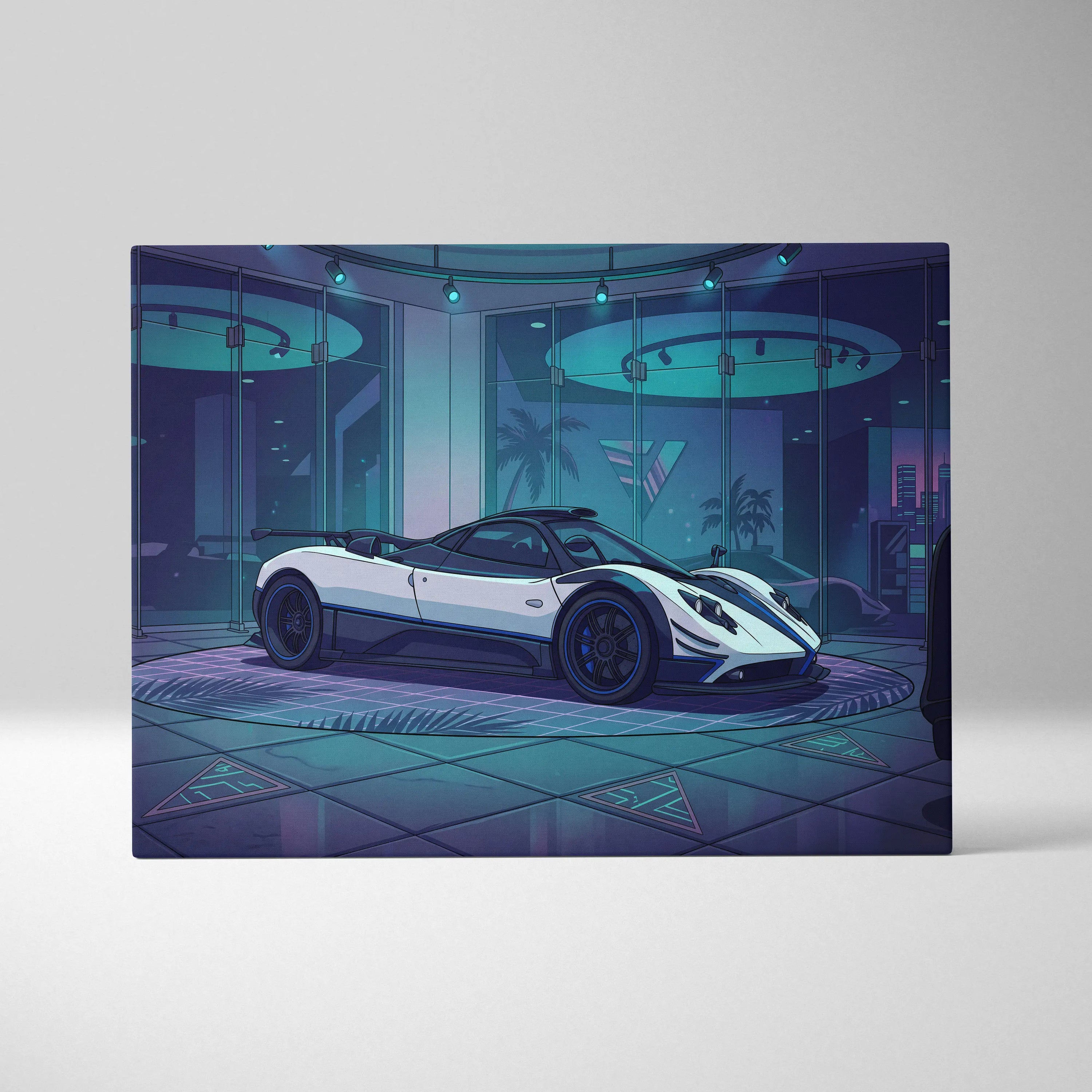 Pagani Zonda Inspired White Purple Canvas Wall Art Vaporwave Hypercar Artwork Neon Showroom Garage Decor Retro Futuristic Luxury Car Print