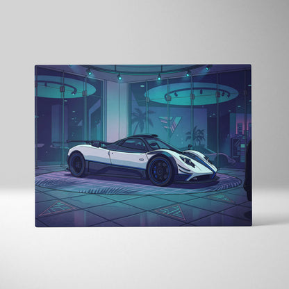 Pagani Zonda Inspired White Purple Canvas Wall Art Vaporwave Hypercar Artwork Neon Showroom Garage Decor Retro Futuristic Luxury Car Print