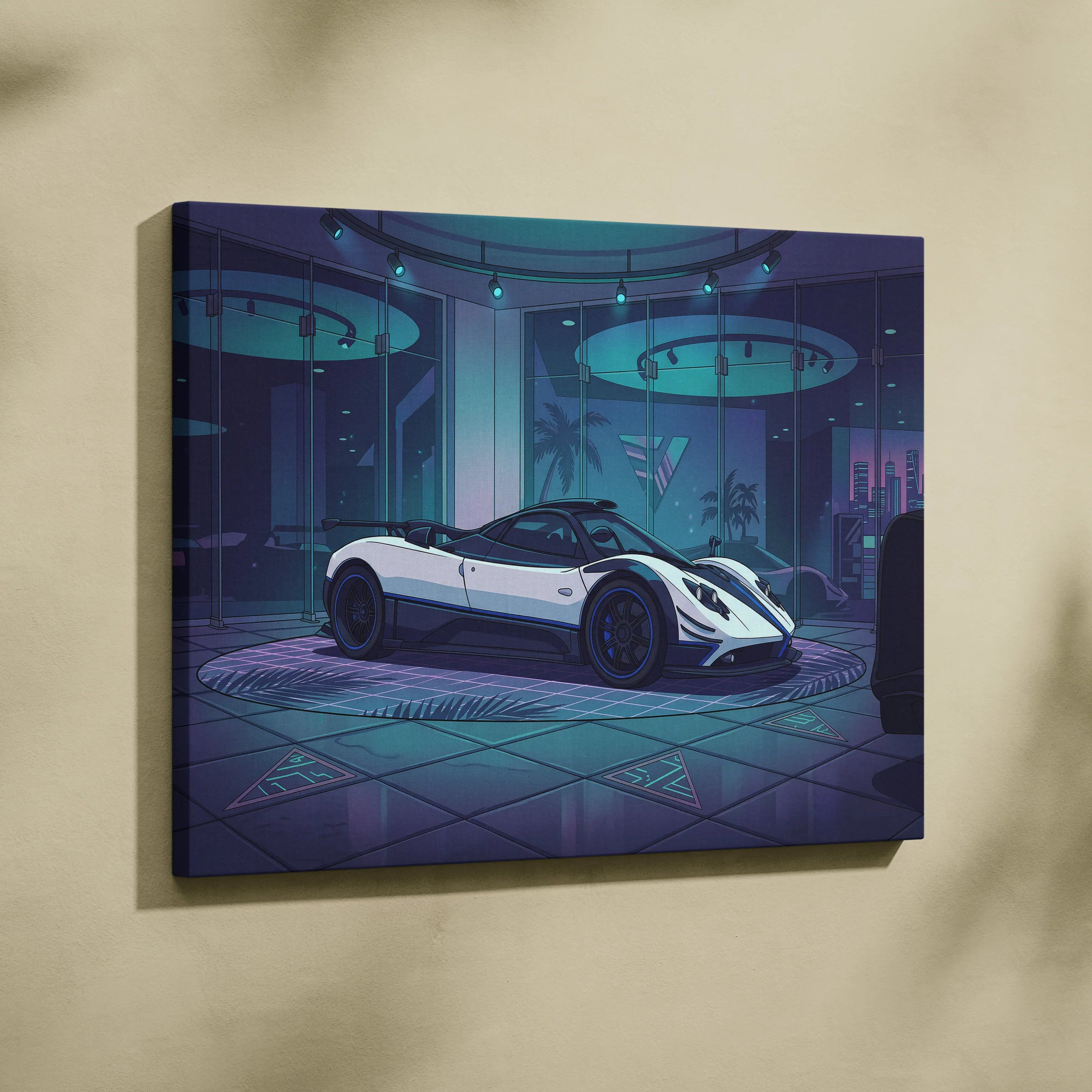 Pagani Zonda Inspired White Purple Canvas Wall Art Vaporwave Hypercar Artwork Neon Showroom Garage Decor Retro Futuristic Luxury Car Print