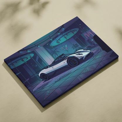 Pagani Zonda Inspired White Purple Canvas Wall Art Vaporwave Hypercar Artwork Neon Showroom Garage Decor Retro Futuristic Luxury Car Print