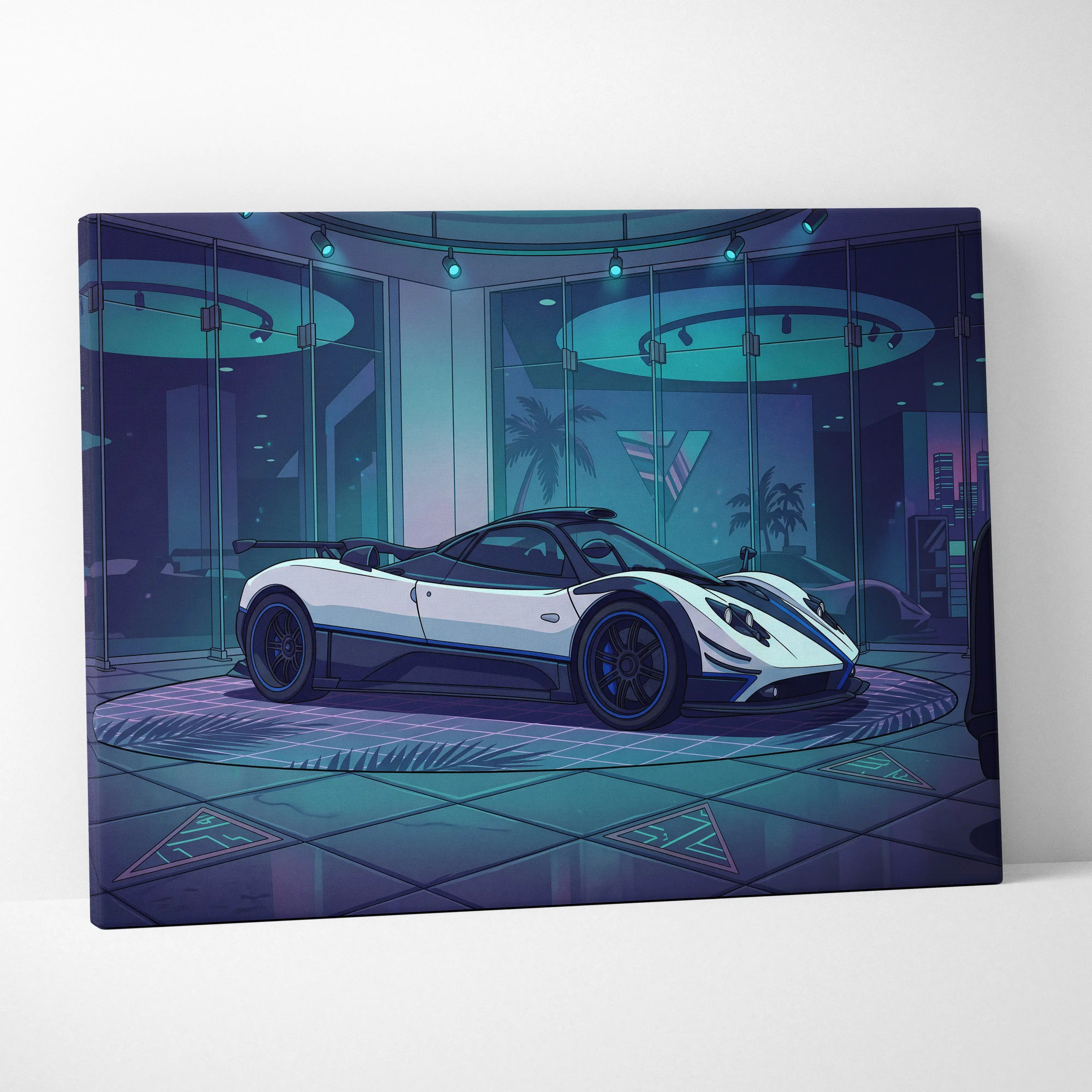 Pagani Zonda Inspired White Purple Canvas Wall Art Vaporwave Hypercar Artwork Neon Showroom Garage Decor Retro Futuristic Luxury Car Print