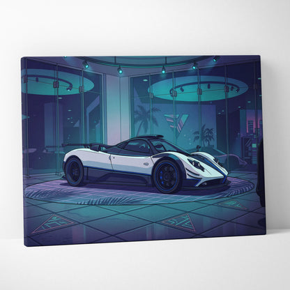 Pagani Zonda Inspired White Purple Canvas Wall Art Vaporwave Hypercar Artwork Neon Showroom Garage Decor Retro Futuristic Luxury Car Print