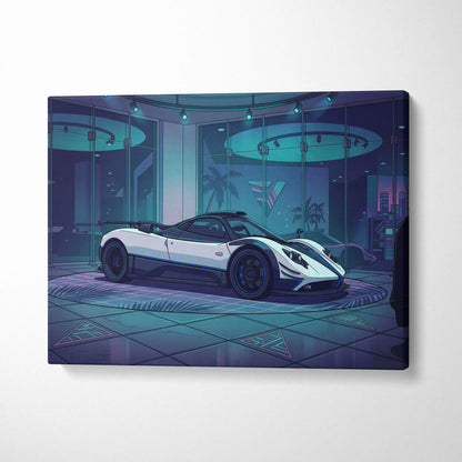 Pagani Zonda Inspired White Purple Canvas Wall Art Vaporwave Hypercar Artwork Neon Showroom Garage Decor Retro Futuristic Luxury Car Print