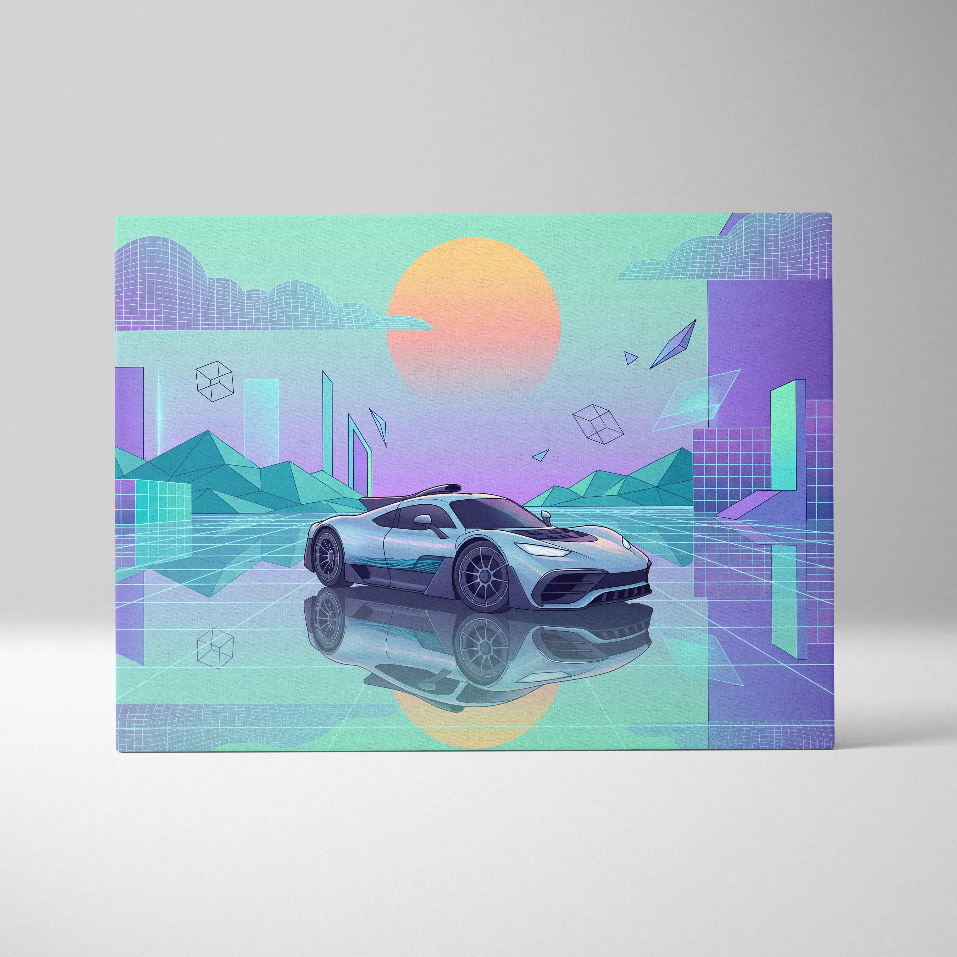 Mercedes-AMG One Inspired Silver Teal Canvas Wall Art, Pastel Vaporwave Hypercar Artwork for Futuristic Garage Decor Mood