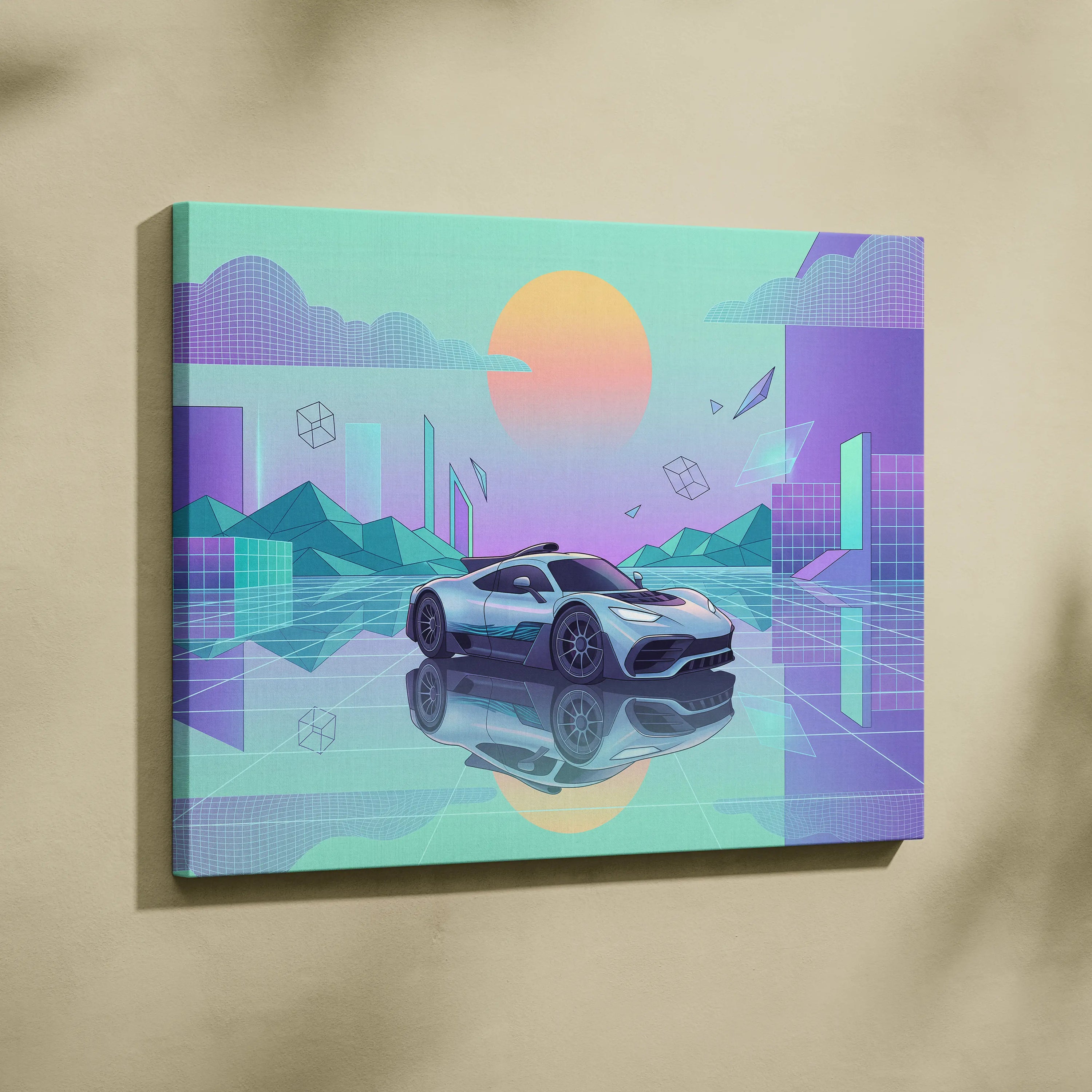 Mercedes-AMG One Inspired Silver Teal Canvas Wall Art, Pastel Vaporwave Hypercar Artwork for Futuristic Garage Decor Mood