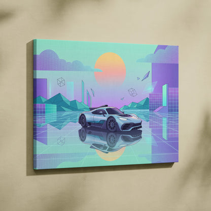 Mercedes-AMG One Inspired Silver Teal Canvas Wall Art, Pastel Vaporwave Hypercar Artwork for Futuristic Garage Decor Mood