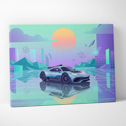 Mercedes-AMG One Inspired Silver Teal Canvas Wall Art, Pastel Vaporwave Hypercar Artwork for Futuristic Garage Decor Mood