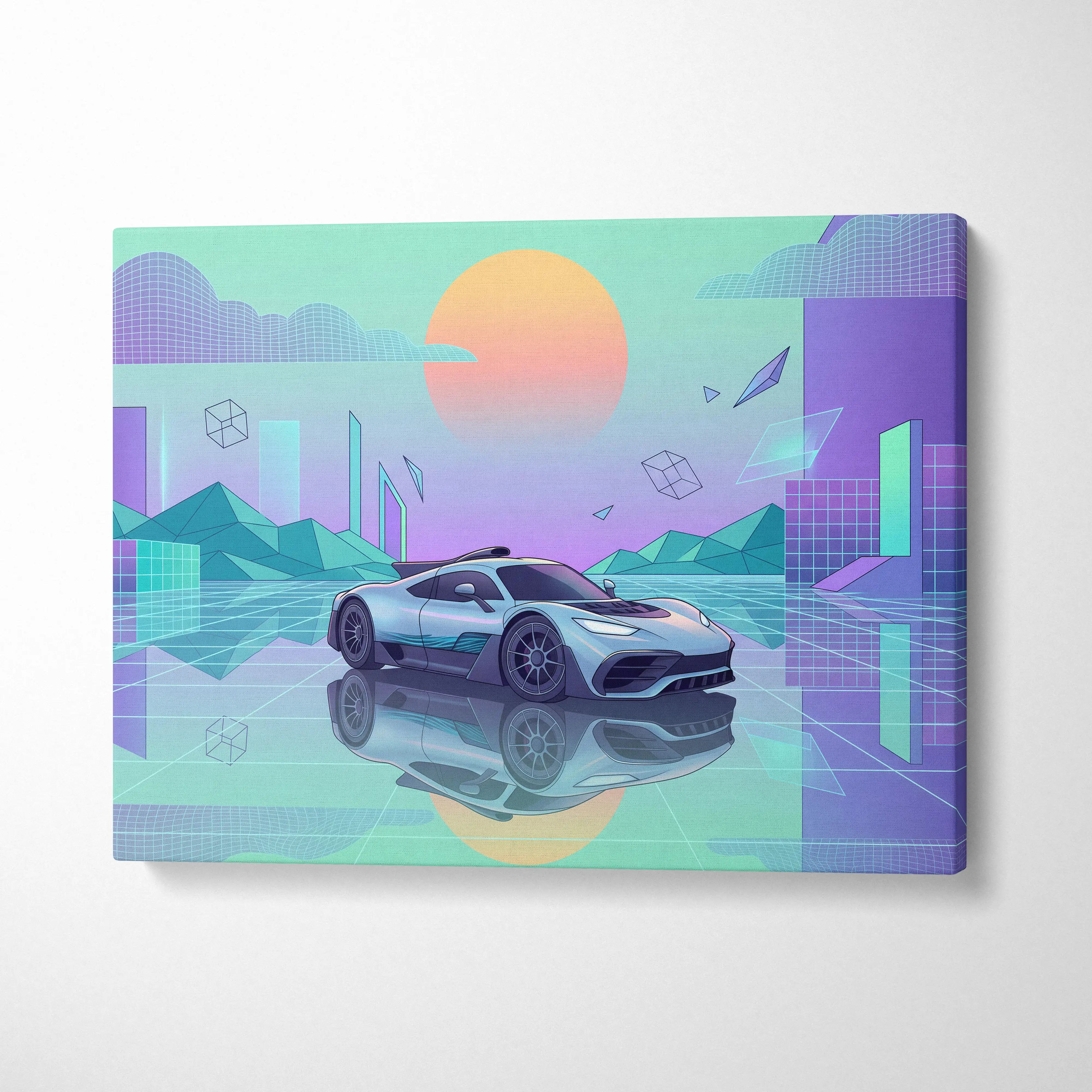 Mercedes-AMG One Inspired Silver Teal Canvas Wall Art, Pastel Vaporwave Hypercar Artwork for Futuristic Garage Decor Mood