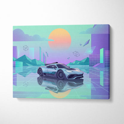 Mercedes-AMG One Inspired Silver Teal Canvas Wall Art, Pastel Vaporwave Hypercar Artwork for Futuristic Garage Decor Mood