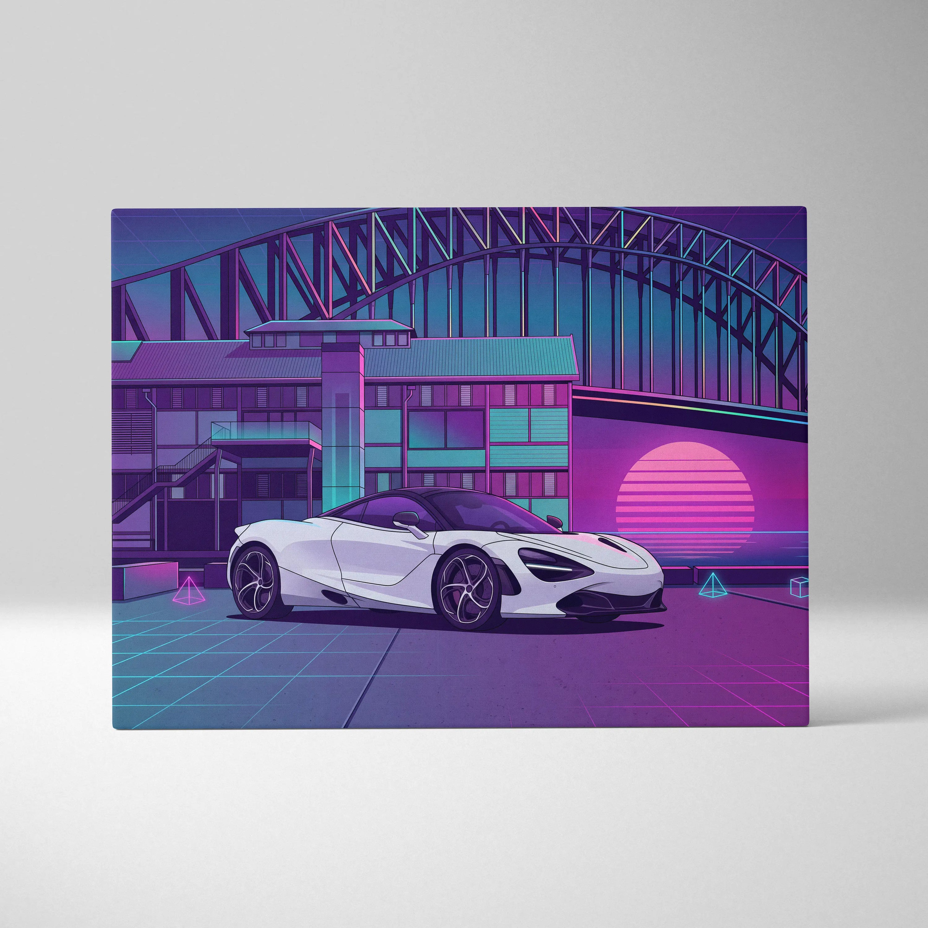 McLaren 720S Inspired White Purple Canvas Wall Art, Neon Vaporwave Supercar Artwork for Modern Garage Decor with Retro City Mood