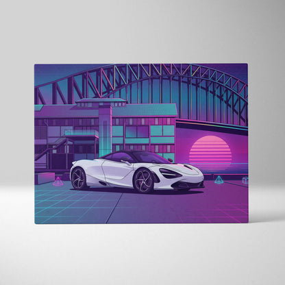 McLaren 720S Inspired White Purple Canvas Wall Art, Neon Vaporwave Supercar Artwork for Modern Garage Decor with Retro City Mood