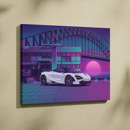 McLaren 720S Inspired White Purple Canvas Wall Art, Neon Vaporwave Supercar Artwork for Modern Garage Decor with Retro City Mood